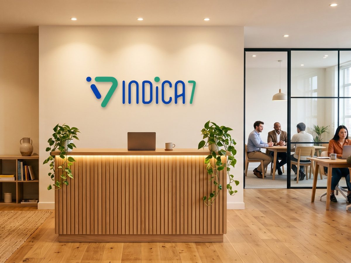 Illustrative image of an office reception with the Indica7 logo on the wall, a waiting area and colleagues working in the background