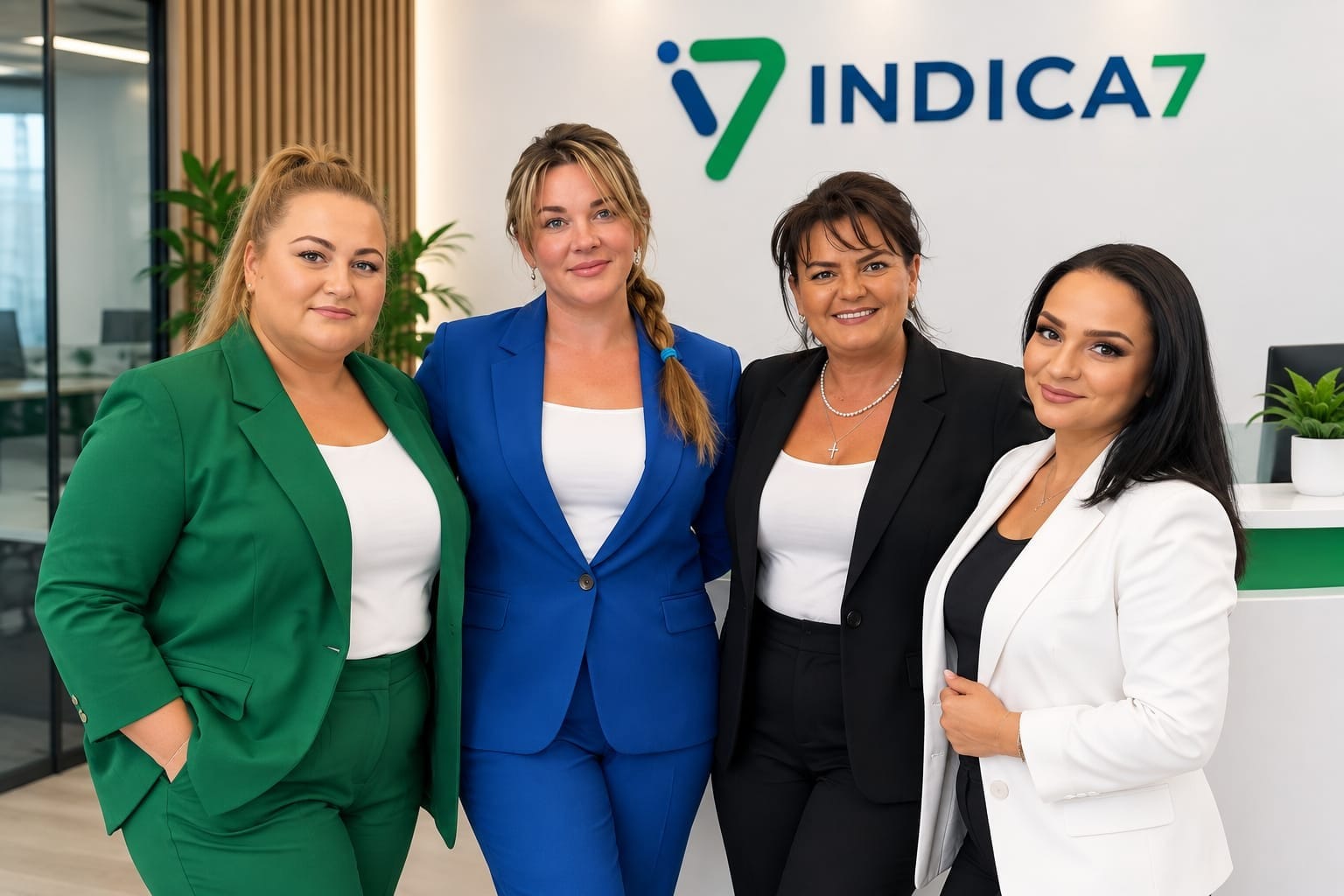 Four members of the Indica7 Romania team in the company office, in front of the Indica7 logo