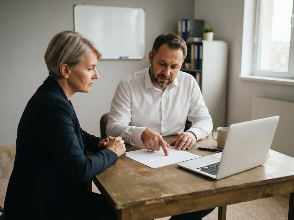 Indica7 consultant and a company representative going through documents next to a laptop
