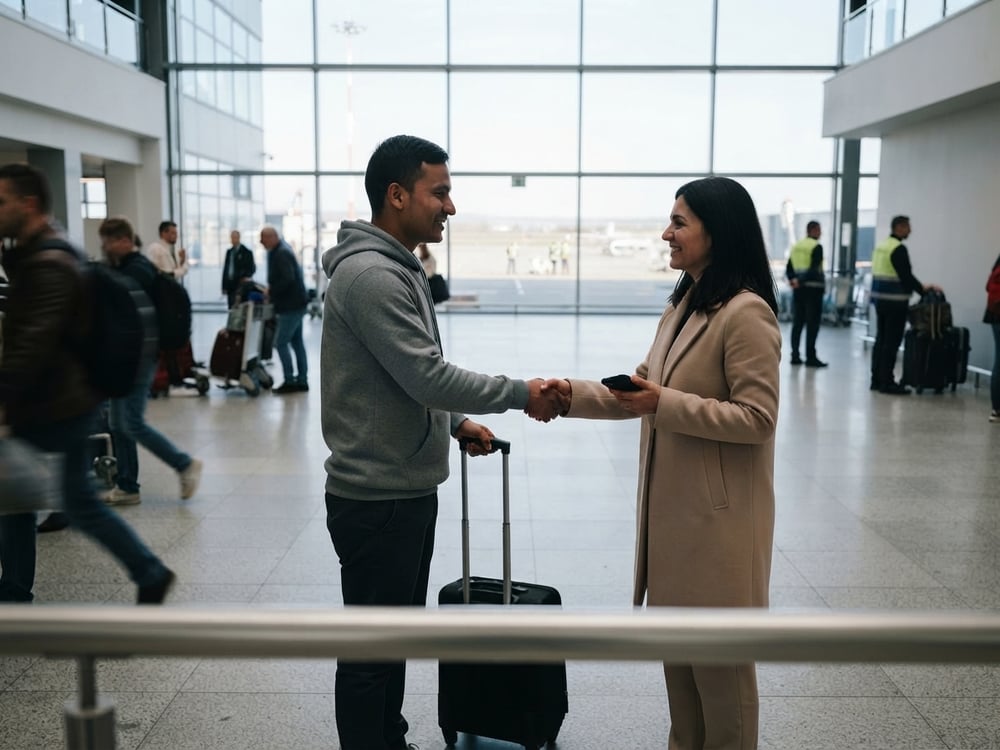 Indica7 consultant welcoming a worker on arrival at the airport