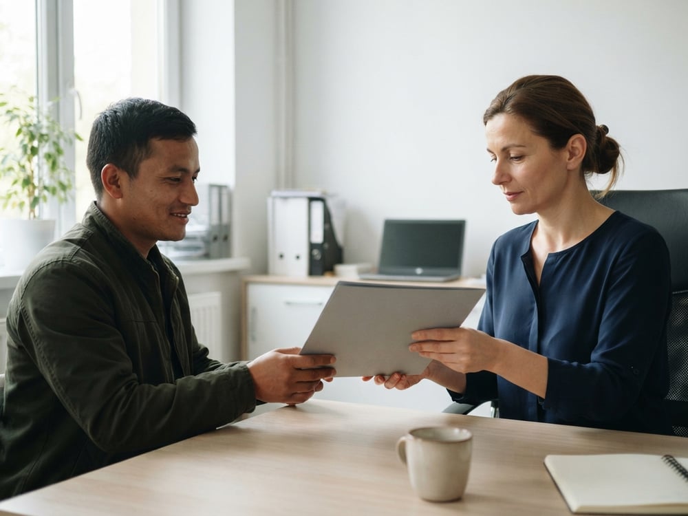 Indica7 consultant handing a file to a worker, in an office in Bucharest