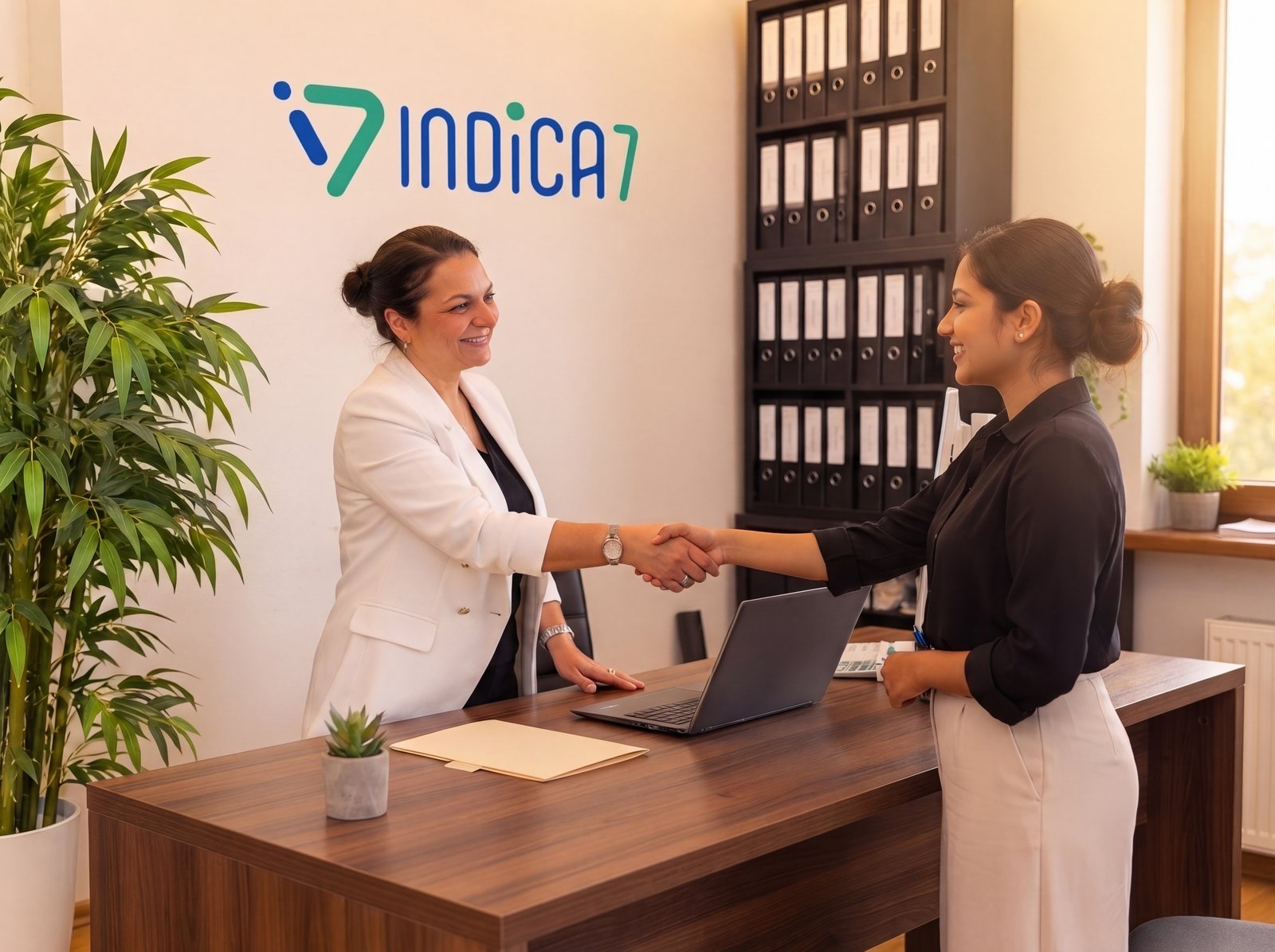 An INDICA7 consultant shakes hands with a candidate at the end of a recruitment meeting, in the office with the INDICA7 logo on the wall