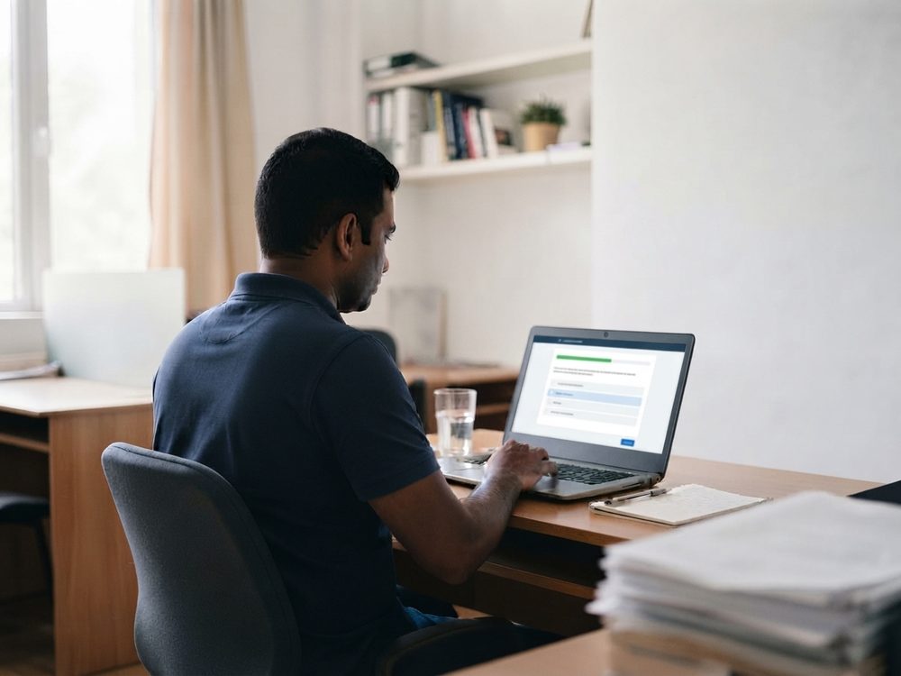 Candidate completing an online test on a laptop, in a bright office